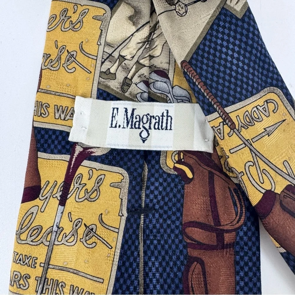 E. Magrath Vintage Golf Tan and Blue Geometric Pattern‎ Tie 100% Silk
